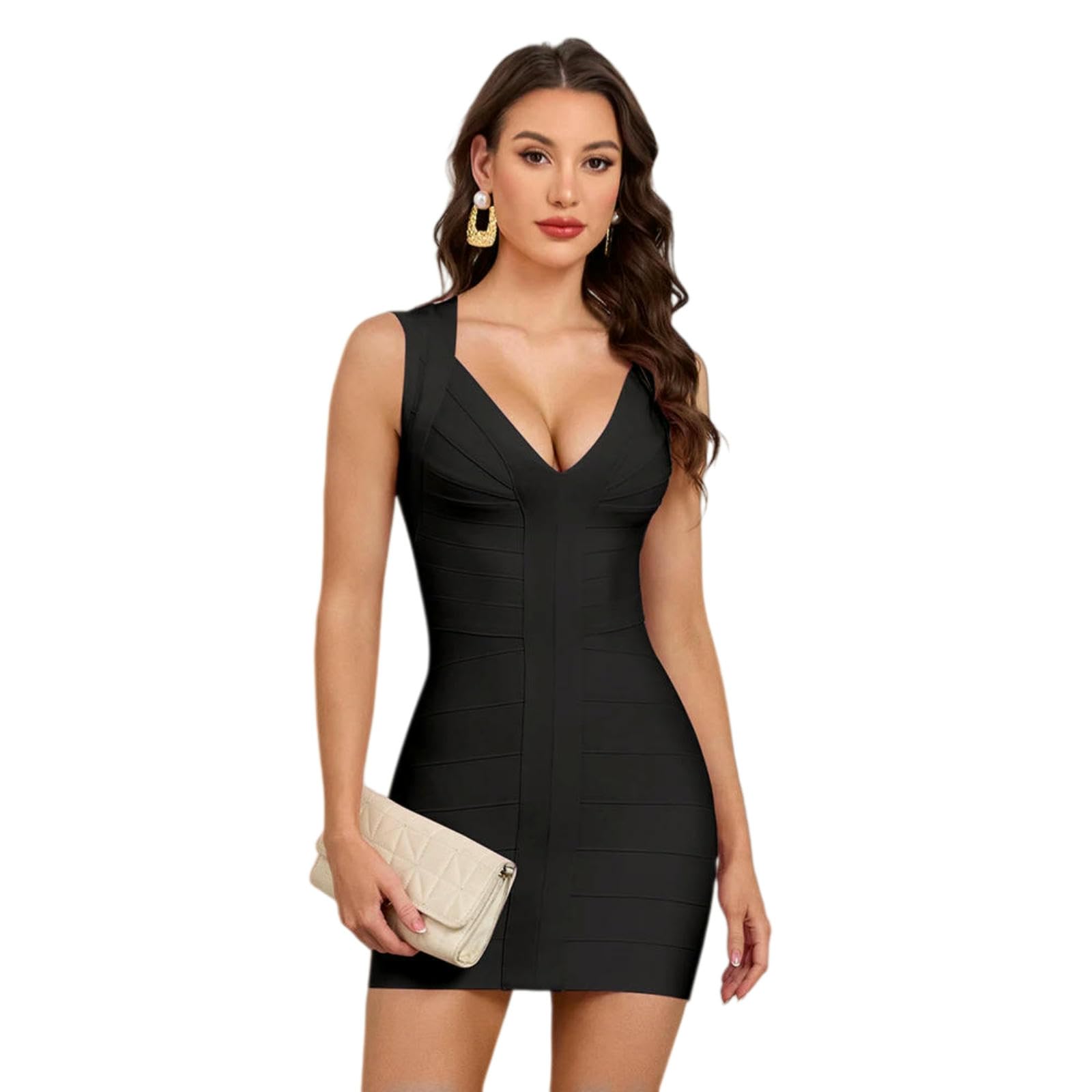 Vestito Elegante Donna Bandage Bodycon Mini Abito Slim Fit Plunge V Collo A Maglia Righe per Club Party Evening Outfit-Pink-s