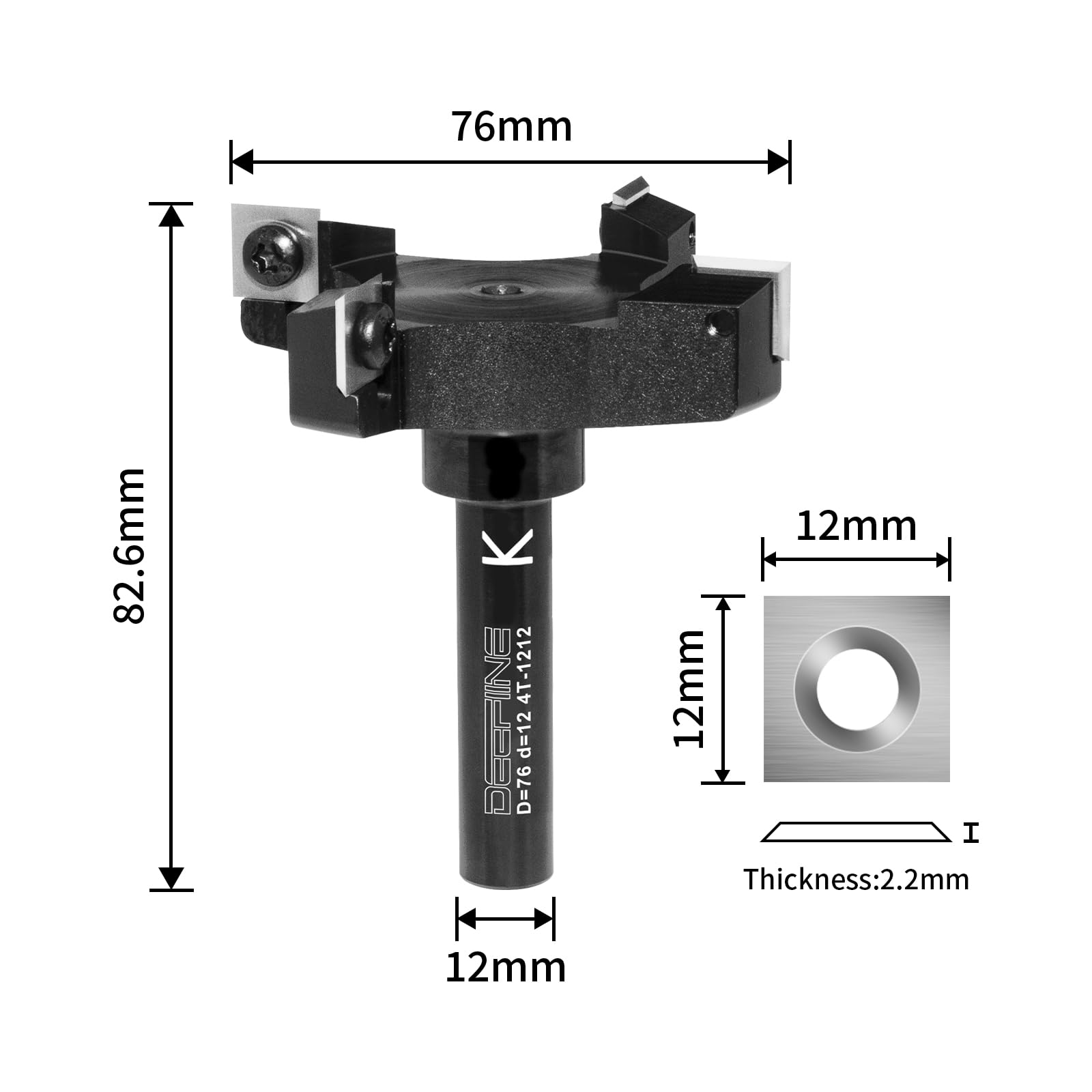 Frez czołowy 12 mm, trzonek 76 mm, średnica frezu do frezarki górnowrzecionowej z płytami obrotowymi, spoilboard, 4 flety, frez czołowy CNC do drewna, do płyt obrotowych, trzpieniowych,