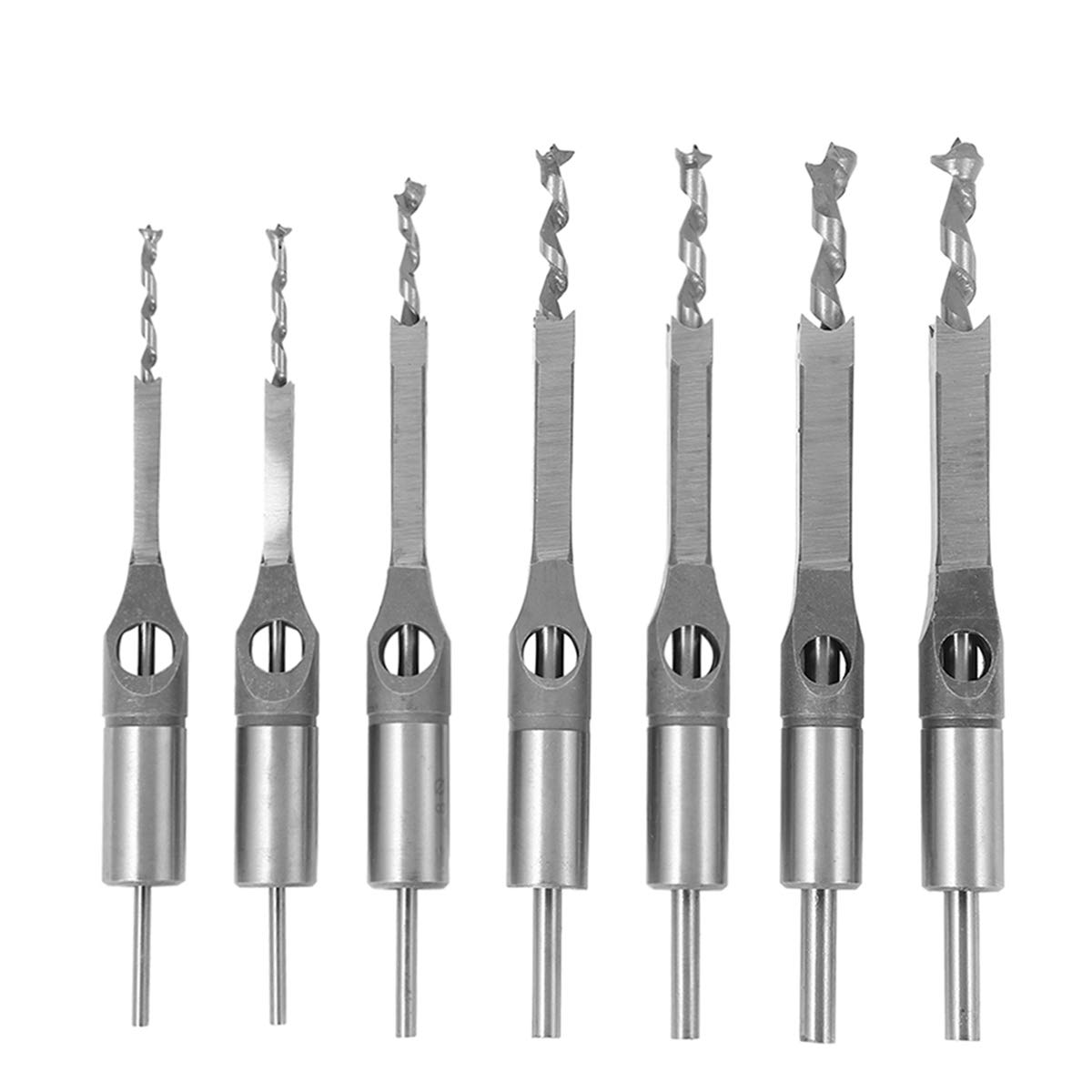 BOSUGE7Pcs Square Hole Drill Bit 45 Steel 1/4 To1/2 Mortising Drilling Woodworking Tools 6-12.7mm Mortising Chisel Set Twist Drill Silver 6-12.7Mm