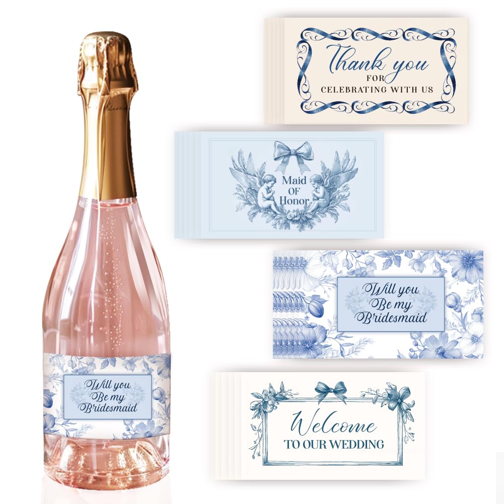 PH PandaHall 4 Styles 40pcs Wine Labels for Bottles, Wedding Wine Bottle Labels Self Adhesive Labels for Celebrations Personalized Wine Tags Wedding Bridesmaid Blue Floral Stickers, 3.5x2 inch