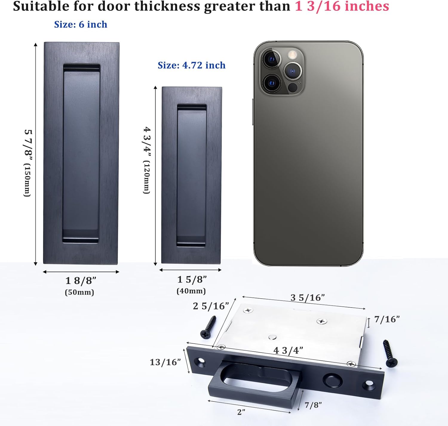 Dontay Sliding Pocket Door Handles, 304 Stainless Steel Non Locking Pocket Door Hardware, Recessed Flush Finger Pulls, Heavy Duty Edge Pull with Pop Out Ring Pull (Matte Black (1 Set), 6 Inch)