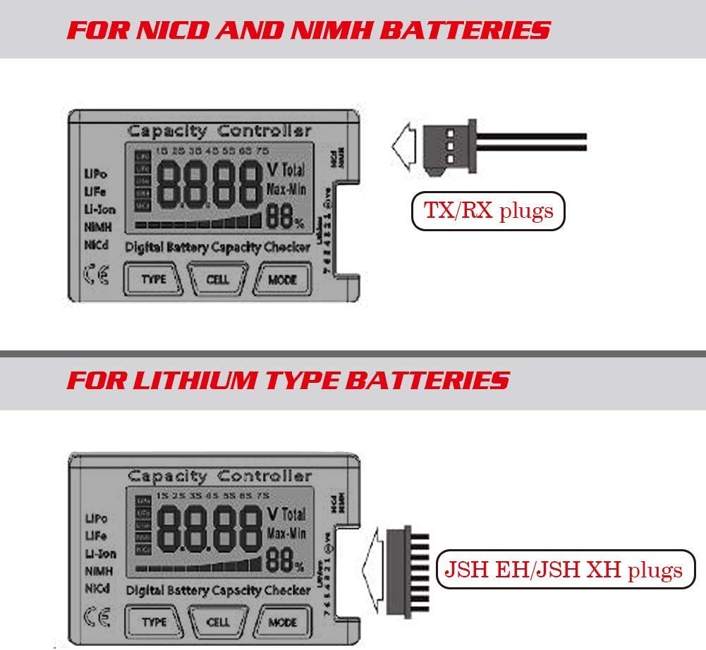 NONDK RC Cell Meter 8 Digital Battery Capacity Checker Controller Tester Voltage Tester for NiMH Nicd Cell Meter Black