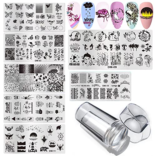 Loveourhome Nail Stamping Plate Kit Flower Butterfly Lace Animal Fingernails Template Stencil Stamps Plate Silicone Stamper Scraper Manicure Design Tools Set (Flower) #TOP7