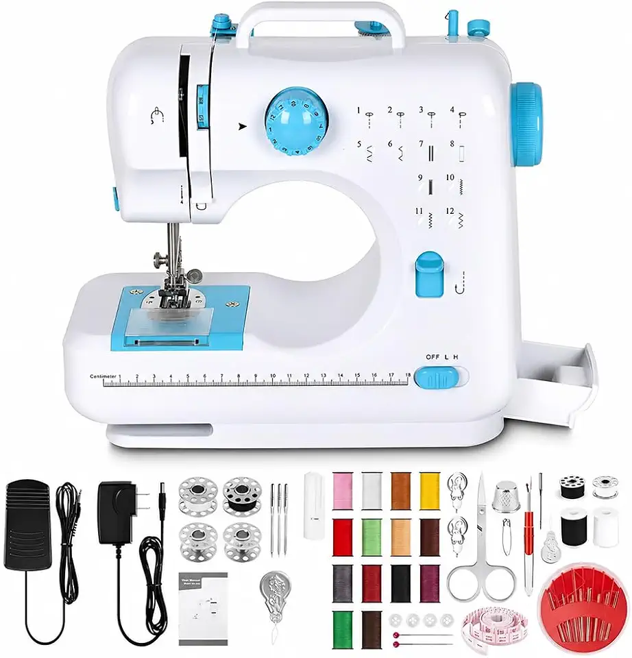 FINYQBET Mini Máquina de Costura para Iniciantes e Crianças de 8 a 12 Anos | 12 Padrões de Ponto, Luz LED, Costura Reversa | Ideal para Pequenos Reparos e Projetos de Artesanato (100-240v)