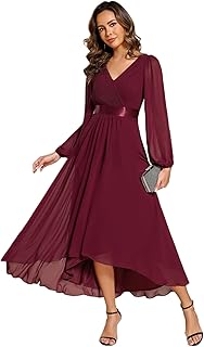 Women's Fall Chiffon Evening Dress V Neck Long Sleeves High-Low A-Line Formal Wedding Guest Dresses 09894