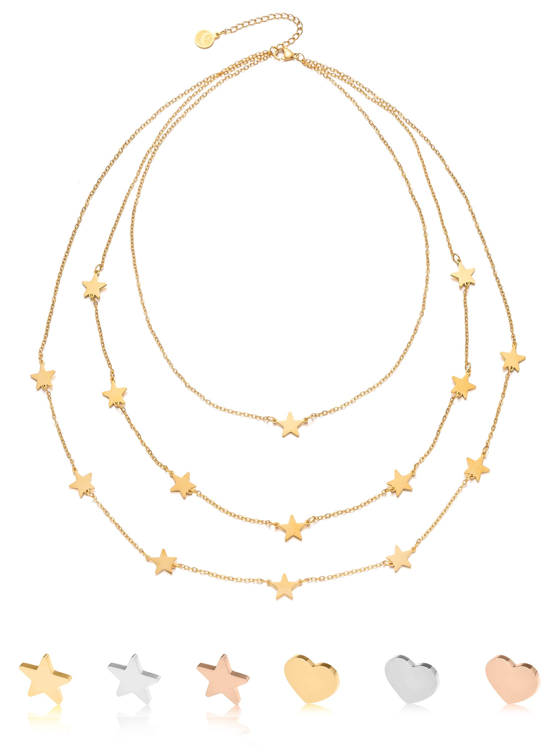 inSCINTILLE Collier Femme Étoiles & Cœurs en Acier Inoxydable, Collier Multi-Rangs 1/2/3 Fils, Longueur Réglable, Coffret Cadeau Inclus