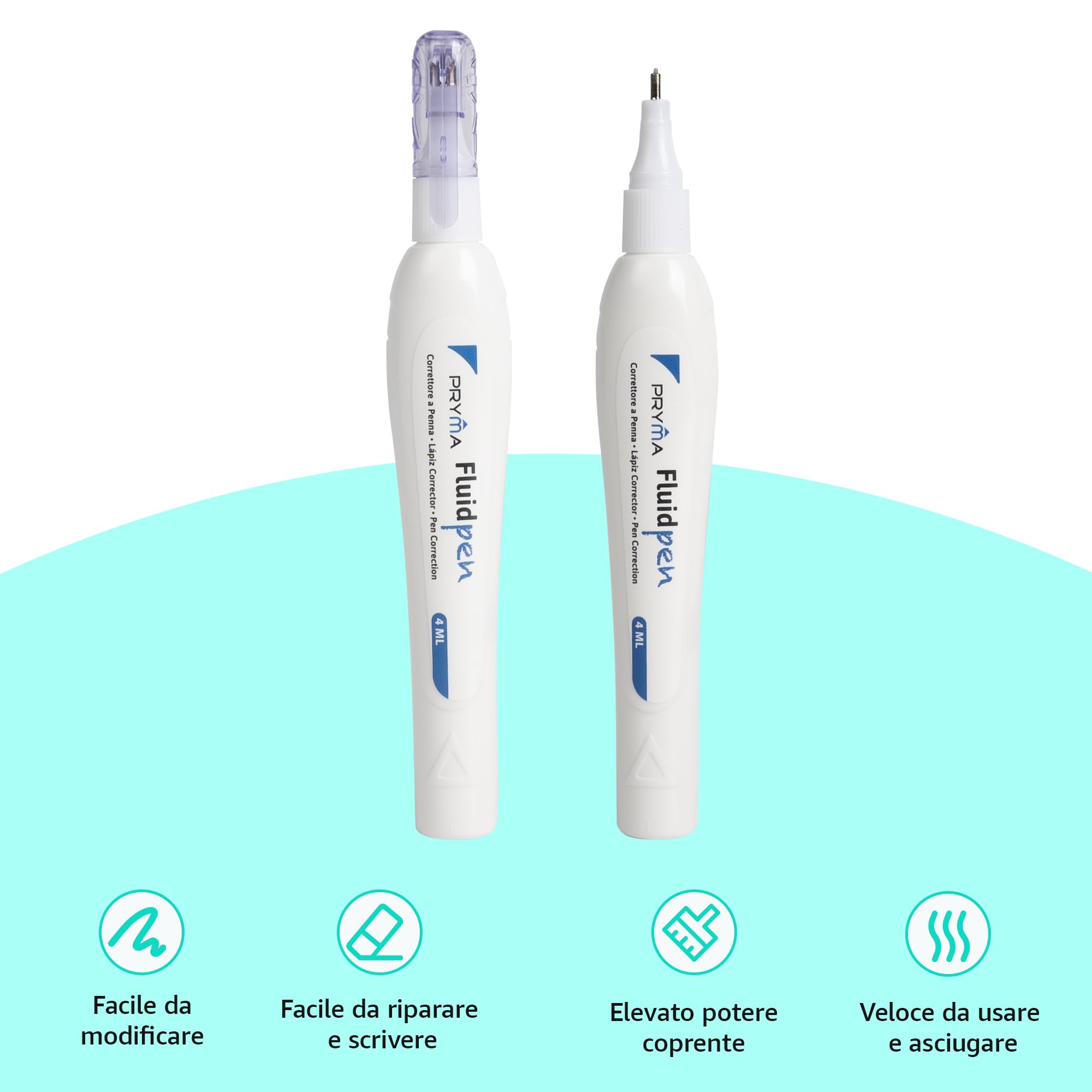 Pryma Correttore a Penna 4 ml Punta 2,2 mm Set 4 Pezzi Bianchetto Asciugatura Rapida