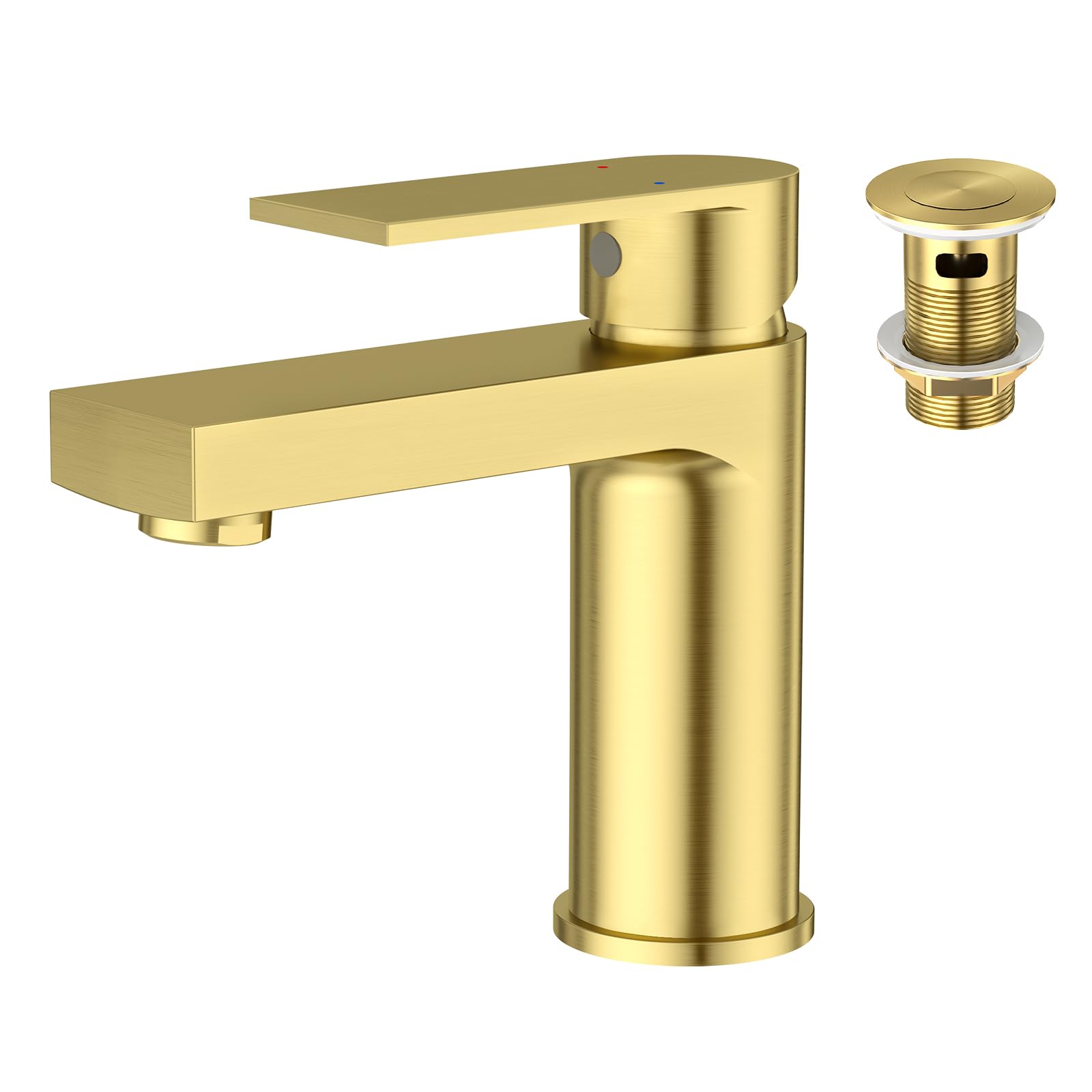 Waschtischarmatur für Badezimmer eckig, Hochdruck Einhebelmischer Armatur Wasserhahn für Waschbecken Bad W.C mit Pop-Up Ablaufgarnitur aus Edelstahl in gebürstetes gold