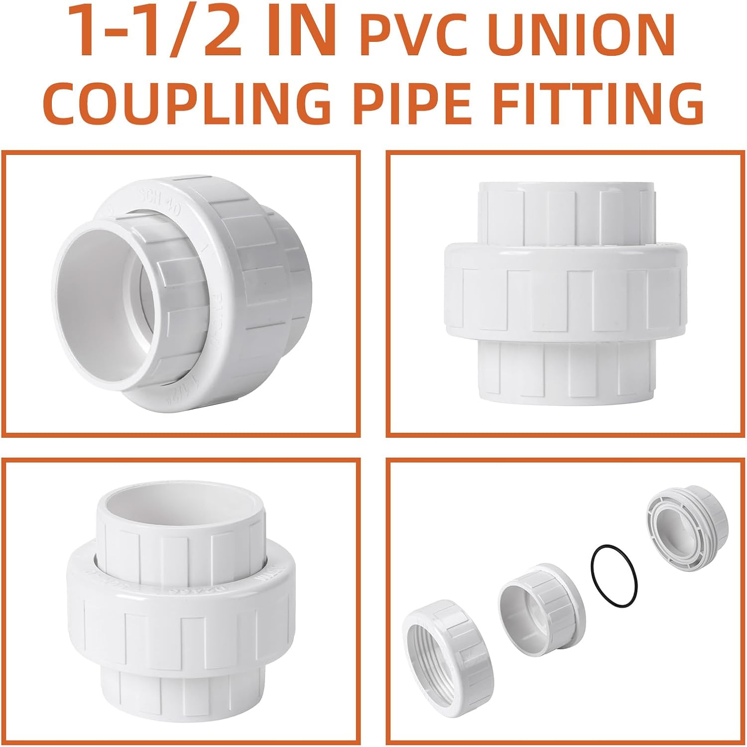 20 Pack 1-1/2'' PVC Union Coupling Pipe Fitting (Socket x Socket) 1-1/2 Inch PVC Slip Union Coupling Adapter - Schedule 40 EPDM O-Ring Adapter