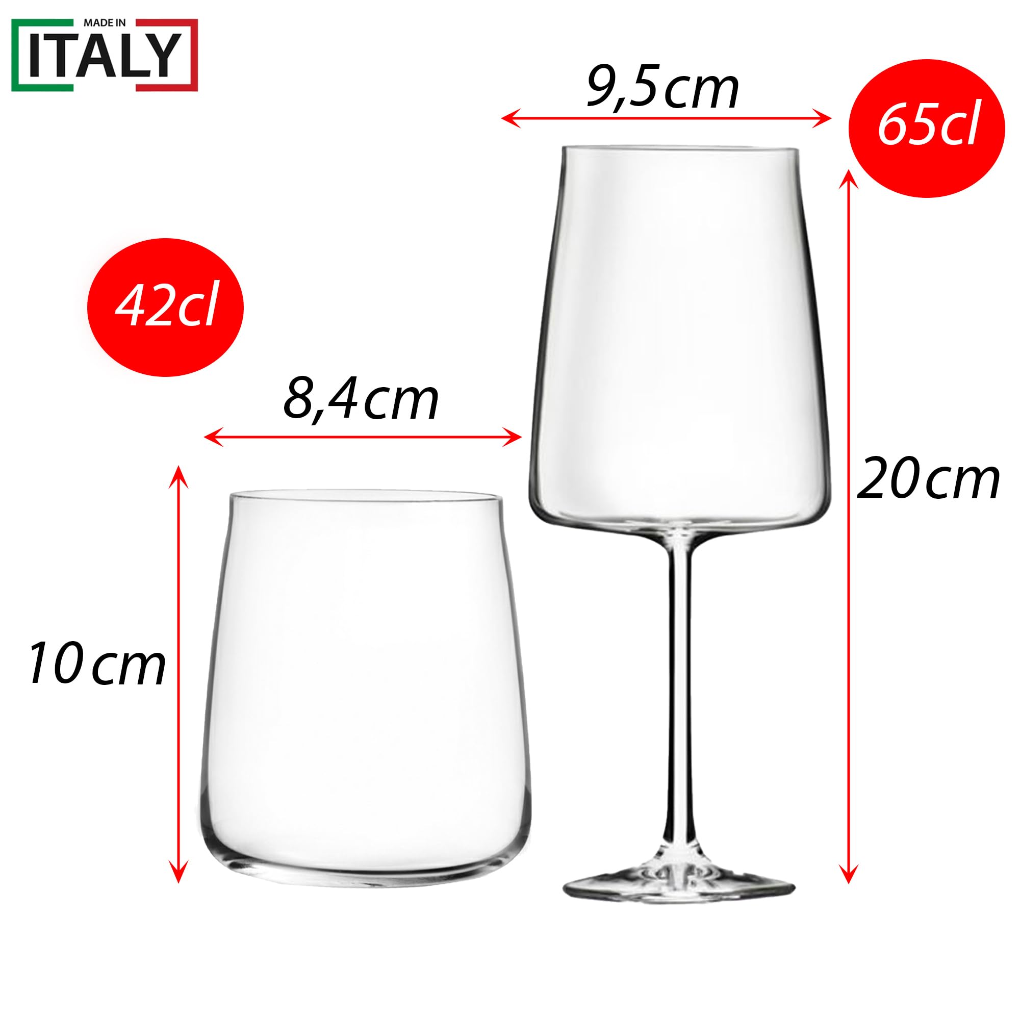 Sicignano Set 6 Calici CL.65 con 6 Bicchieri CL.42 Essential per Vino Acqua, Cristallo Ecologico, Trasparenti, Resistenti, Uso Quotidiano, per Casa Ristorante Feste