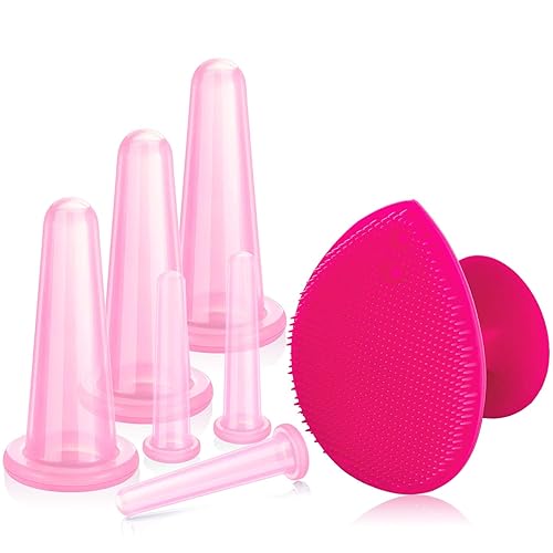 Vista 7 de BBTO Juego de ventosas faciales de silicona, kit de taza de masaje al vacío para cuerpo, cara, cuello, espalda y ojos, 6 tazas y cepillo exfoliante