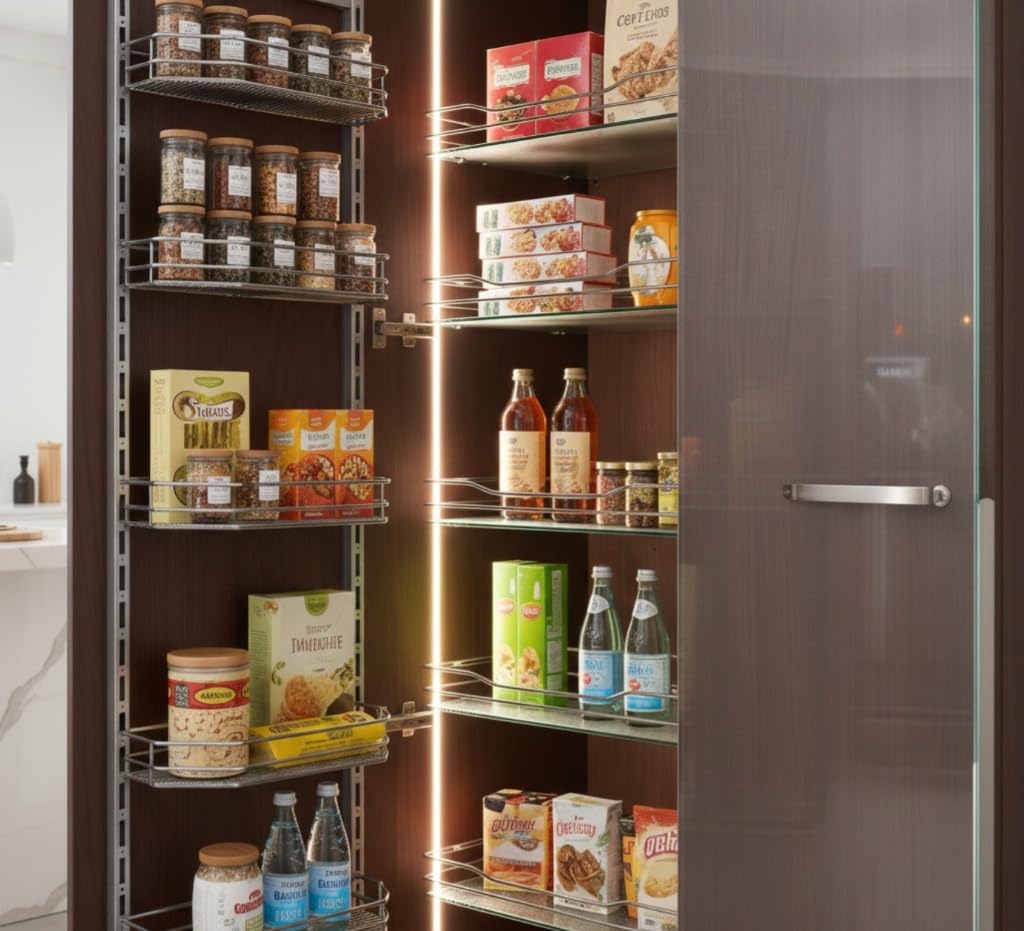 Kavach Premium 6-Tier Glass Pantry Organizer, Pull-Out Kitchen Tall Cabinet Storage, Soft-Close Adjustable Glass Shelves with Integrated LED Lighting, Heavy Duty Modern Kitchen Larder Unit