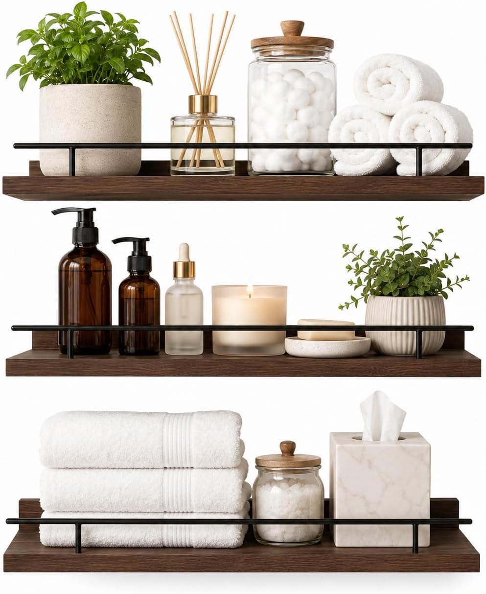 3-Tier Floating Shelves Wall Mounted, Rustic Wood Bathroom Shelves with Metal Guardrail, Heavy Duty Wall Storage Display Rack for Bedroom, Living Room, Kitchen and Office