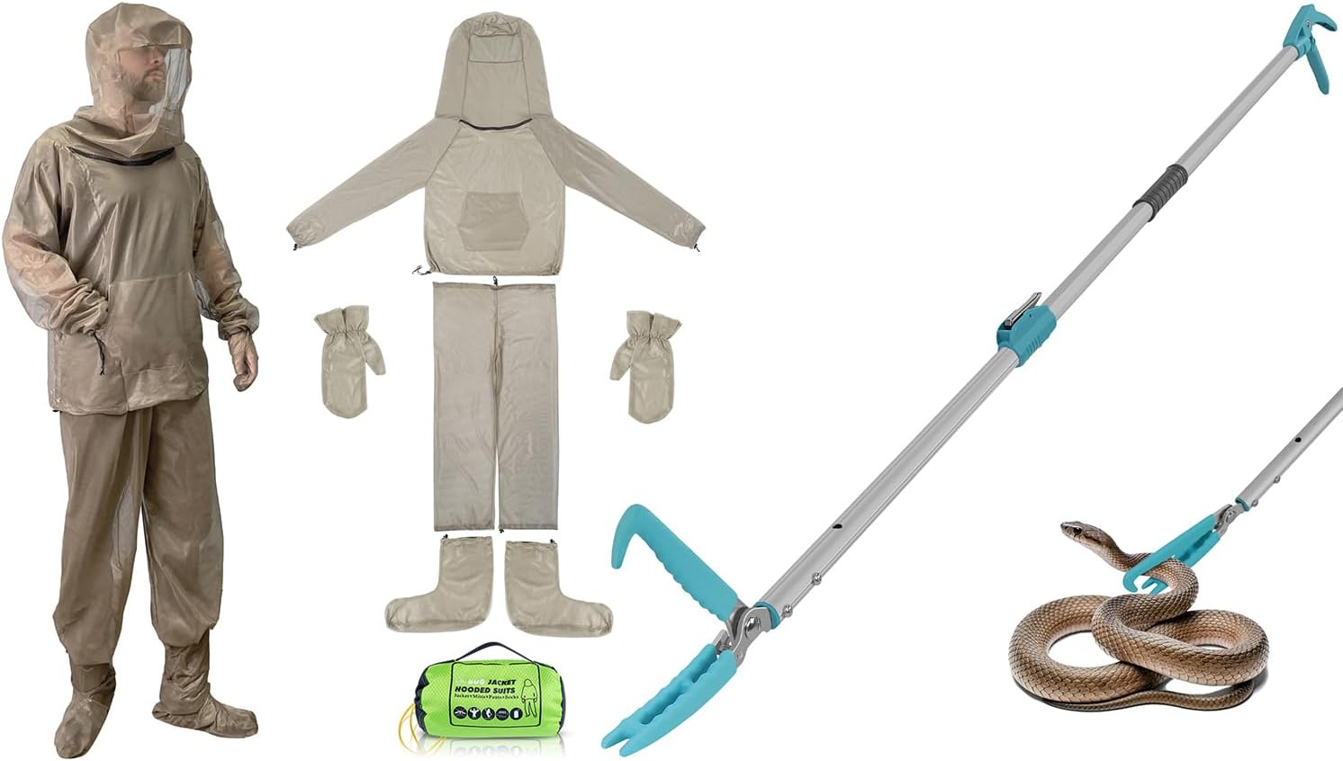 Snake Tongs Grabber + Mosquito Suit, Extendable Extra Long Rattle Reptile Catcher Wide Jaw Handling Tool with Lock, Full Body Bug Suit (L/XL)