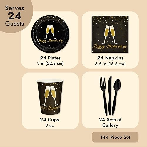 Miniatura 3 de BLUE PANDA 144 piezas de decoraciones y suministros para fiesta de feliz aniversario, incluye platos, servilletas, tazas y cubiertos, juego a granel