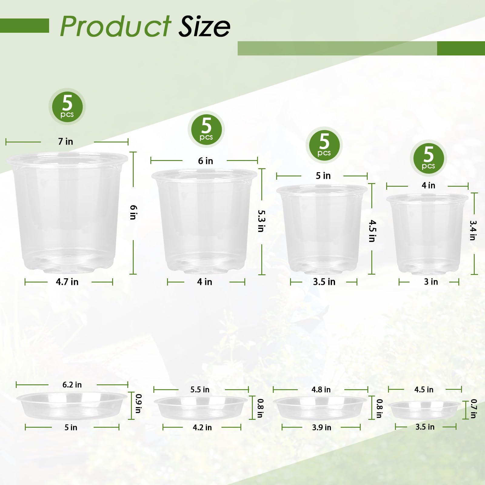 FUIJOL 4/5/6/7 Inch Clear Nursery Pots for Plants with Sacuers 20 Pack, Plastic Flower Pots with Drainage Holes, Variety Pack Seedlings Garden Pot for Indoor Outdoor (4+5+6+7 inch)