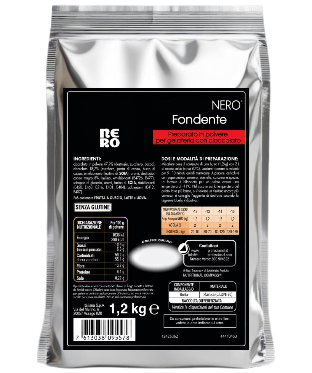 Nero Fondente Preparato in Polvere per Gelateria con Cioccolato Fondente, Busta 1,2 kg, Base Pronta per Gelato Artigianale al Cioccolato