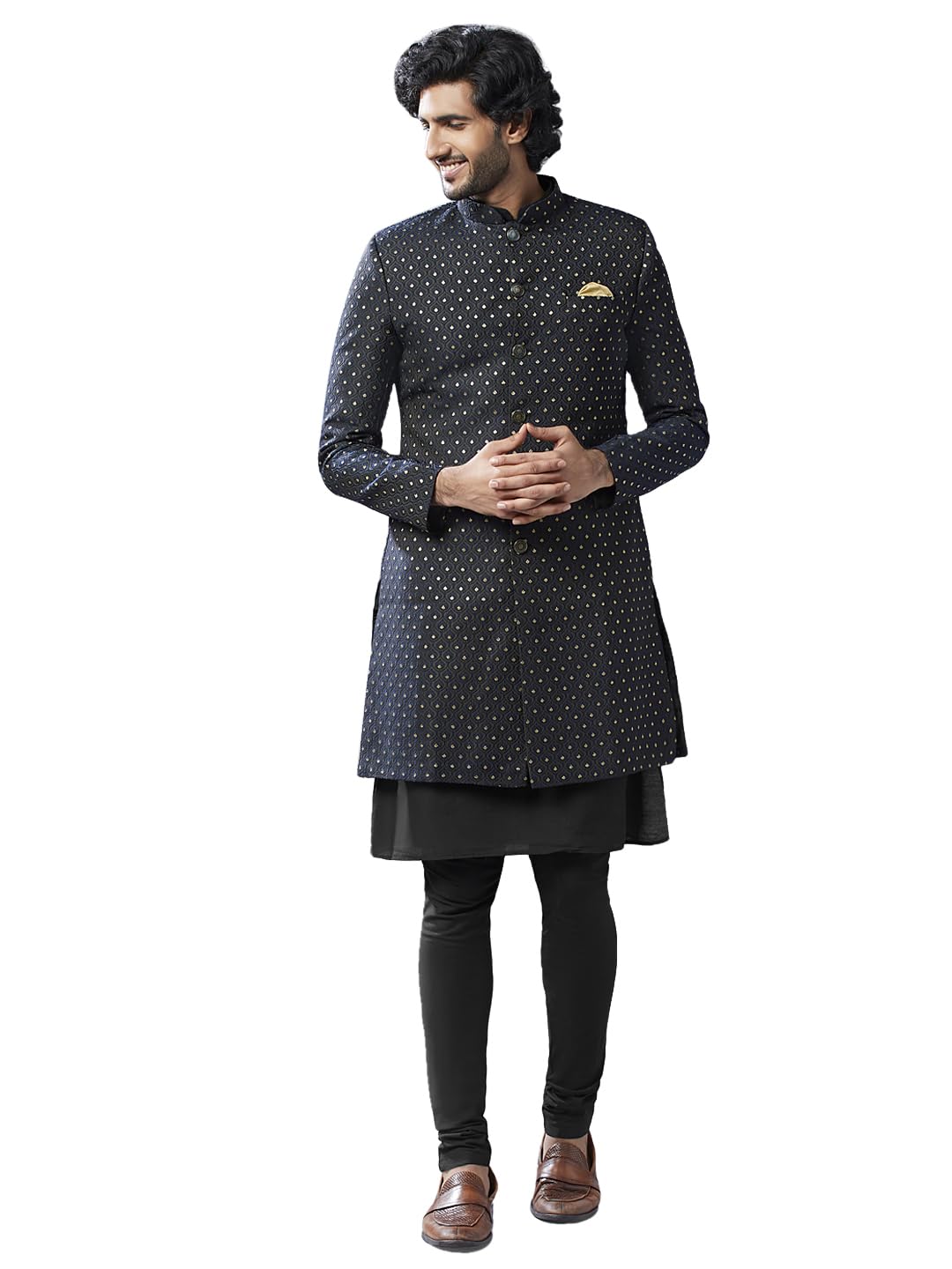 Kisah Mens Kurta Sherwani Churidar Set Silk Blend Jacquard, Indo-Western For Men, Navy Blue, 42