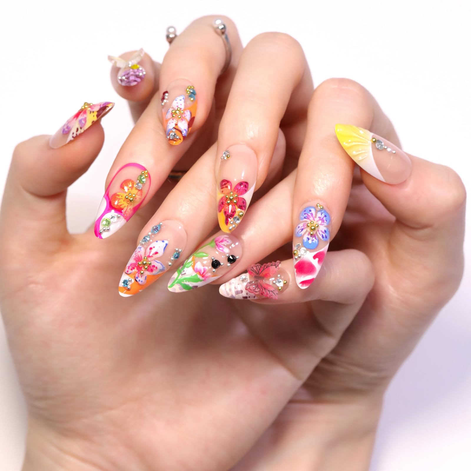 24Pcs Flower French False Nails Medium Almond, 3D Colorful Spring Floral Butterfly Press on Nails - Image 2