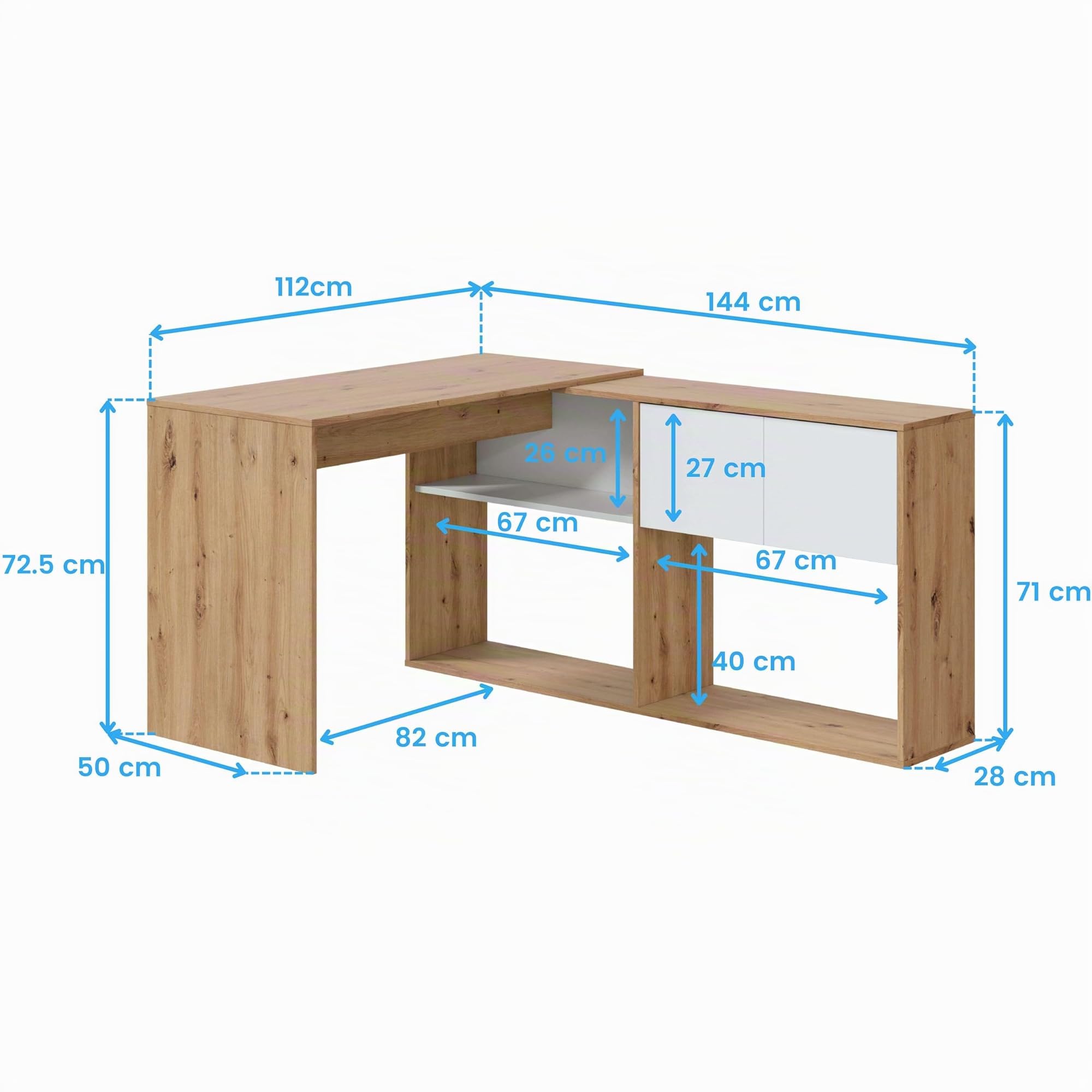 Habitdesign Tavolo-Scaffale Reversibile a 3 Posizioni, Scrivania, Libreria, Sistema di Archiviazione, Modello Duo, Finitura Rovere Nodi e Bianco Artik