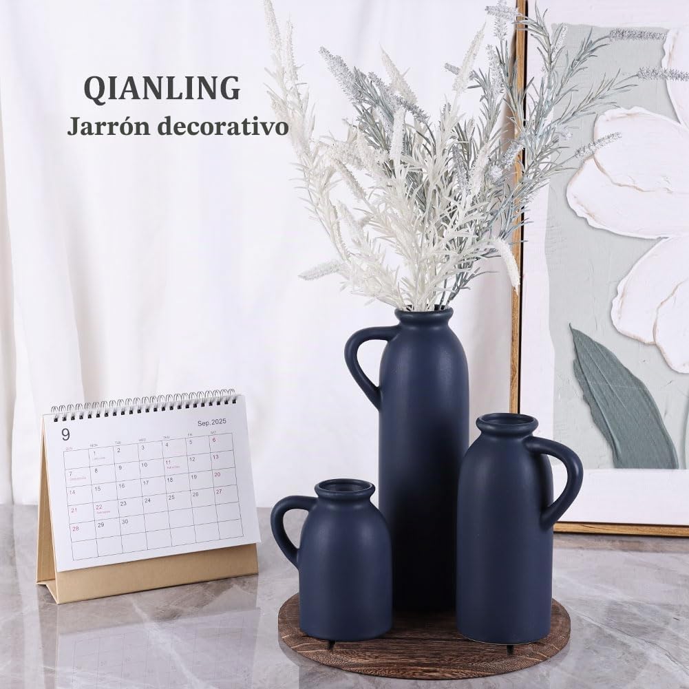 Jarrones de Cerámica Azul Juego de 3 - Boho Moderno Azul Marino Centros de Mesa y Floreros para Sala, Cocina, Manto, Dormitorio, Mesa de Comedor, Oficina, Casa de Campo, Centros de Mesa