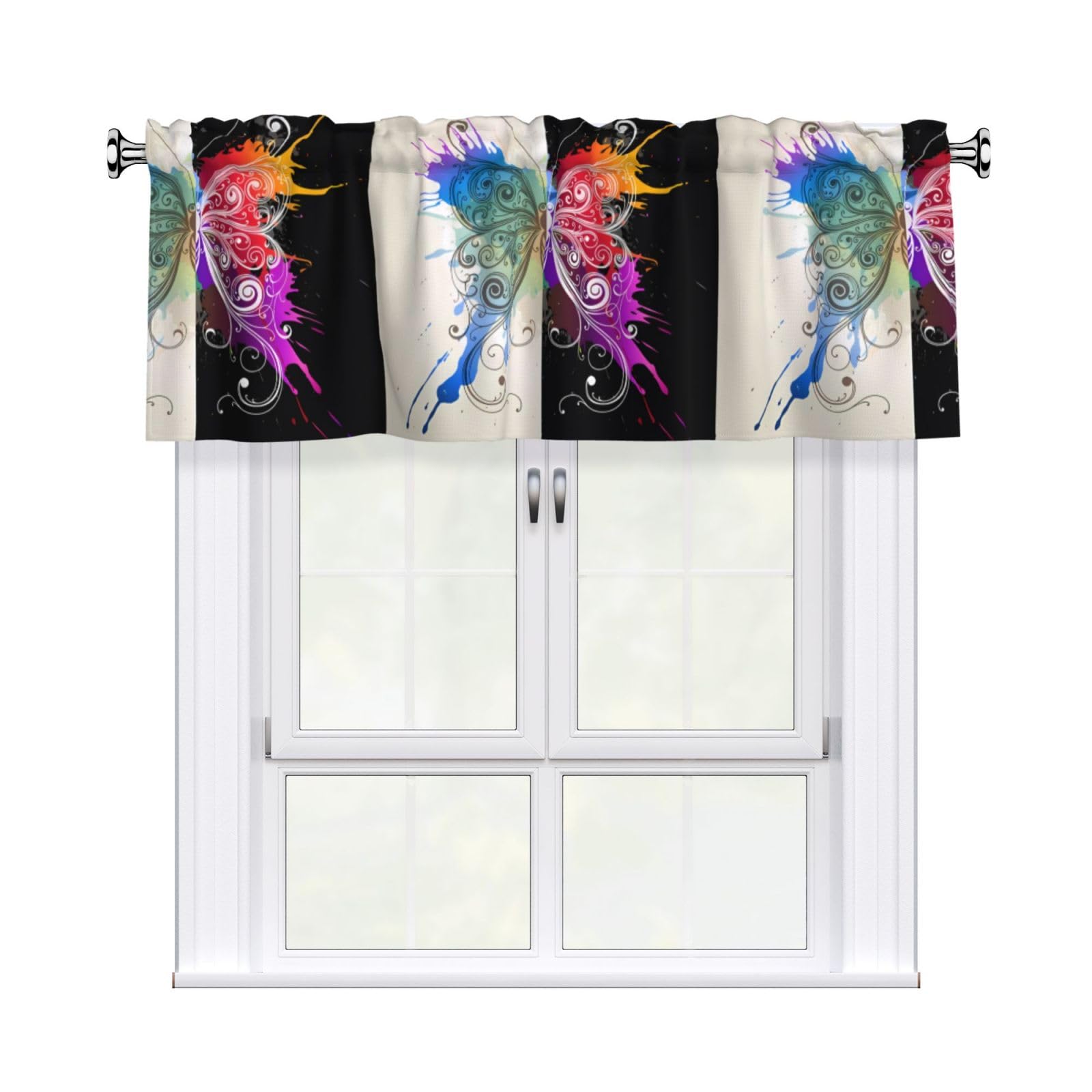 WHJSHOP Colorful Butterfly Pattern Prints Curtain Valance 54x18in - Peach Skin Kitchen Window Layer, Filtered Light & Quick-Install Rod Pocket Cover