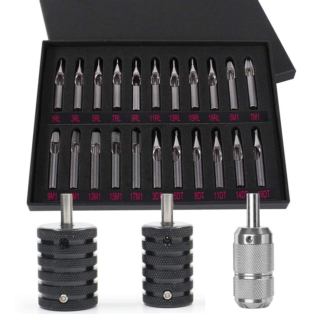 Tattoo Tips and Grips,Beoncall 22pcs Assorted Tattoo Stainless Steel Tips Round Diamond Magnum RT DT FT Nozzle Tips Kit With 3Pcs Aluminum Tattoo Grips Machine Tubes Handle for Tattoo Supplies