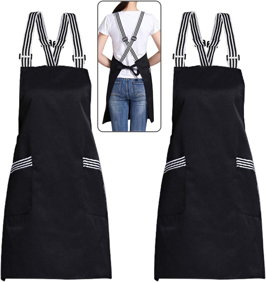 Amytalk2 Sets Crossback Apron for Women Men Chef Comfortable Adjustable Apron Waterdrop Resistant with Large Pockets for Cooking BBQ Drawing(Black)