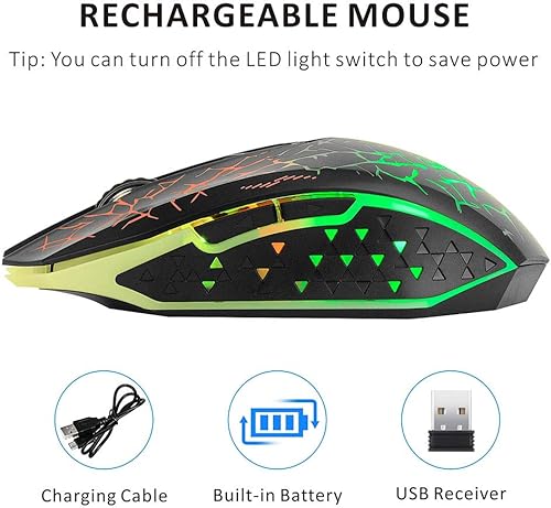 Miniatura 2 de Q8 - Ratón inalámbrico para computadora 24 GHz USB recargable ergonómico LED inalámbrico silencioso 3 DPI ajustables 6 botones compatible con PC