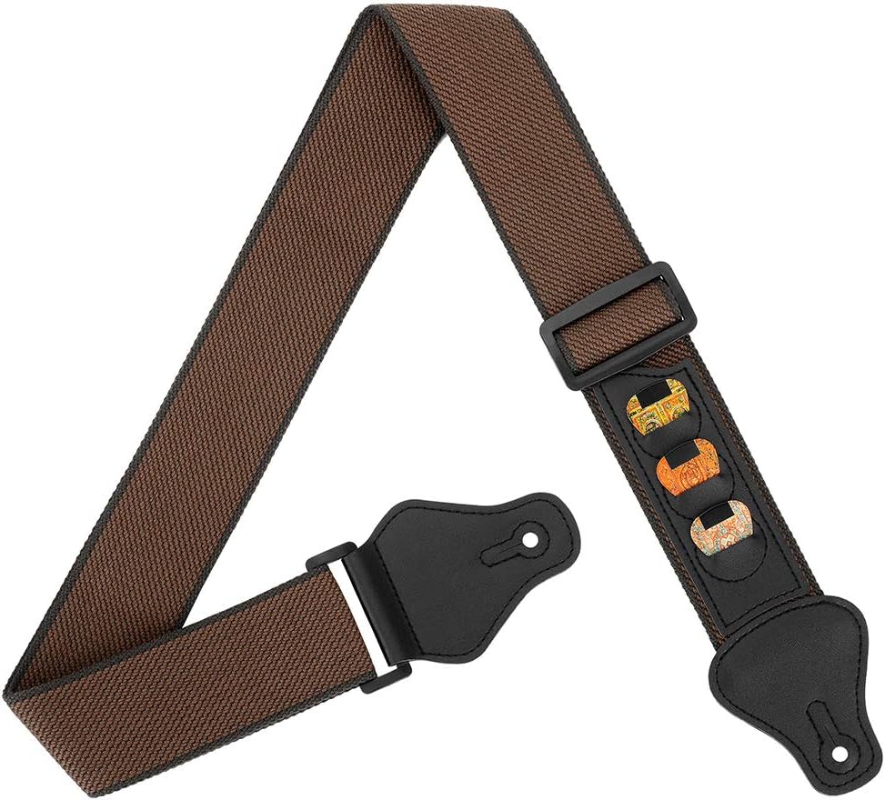 Guitar Strap 100% Soft Cotton Guitar Shoulder Strap With 3 Pick Holders For Bass Electric & Acoustic Guitars (Brown)
