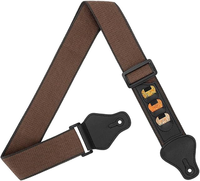 BestSounds Guitar Strap 100% Soft Cotton Guitar Shoulder Strap With 3 Pick Holders For Bass Electric & Acoustic Guitars (Brown)