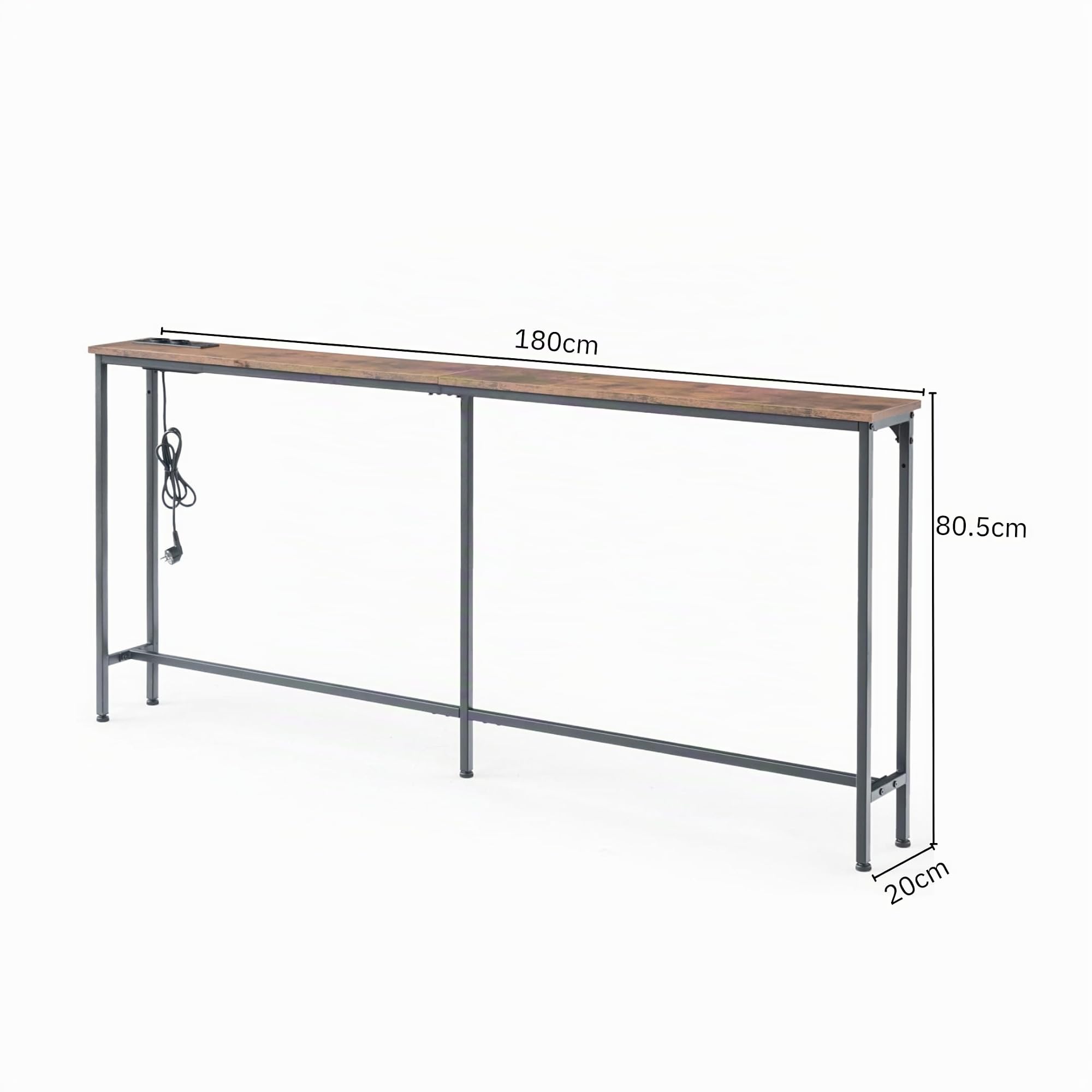 Table de Bar 180 cm avec 2 Prises et 2 Ports USB, Table de Bar de Cuisine Haute et étroite Petit Espace Console Meuble pour Cuisine Salon entrée café bistrot (Marron, 180 x 20 x 80,5 cm)
