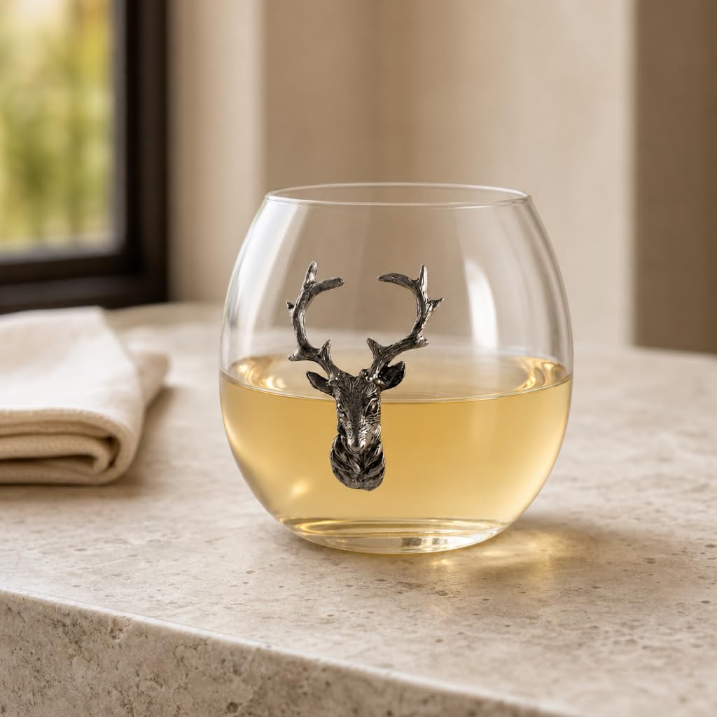 Vagabond House Copa de vino sin tallo de ciervo/alce, cristal soplado a mano de alta calidad, estilo cabaña, perfecta para vino rojo/blanco, 3.25 pulgadas de alto, 12 onzas, mejora tus degustaciones