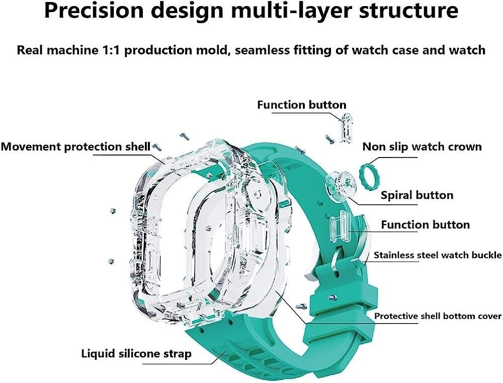 Funda transparente para reloj + correa de silicona líquida, para Apple Watch de 49 mm, estilo RM, funda de protección completa, accesorios de correa deportiva, para hombres y mujeres, serie 8