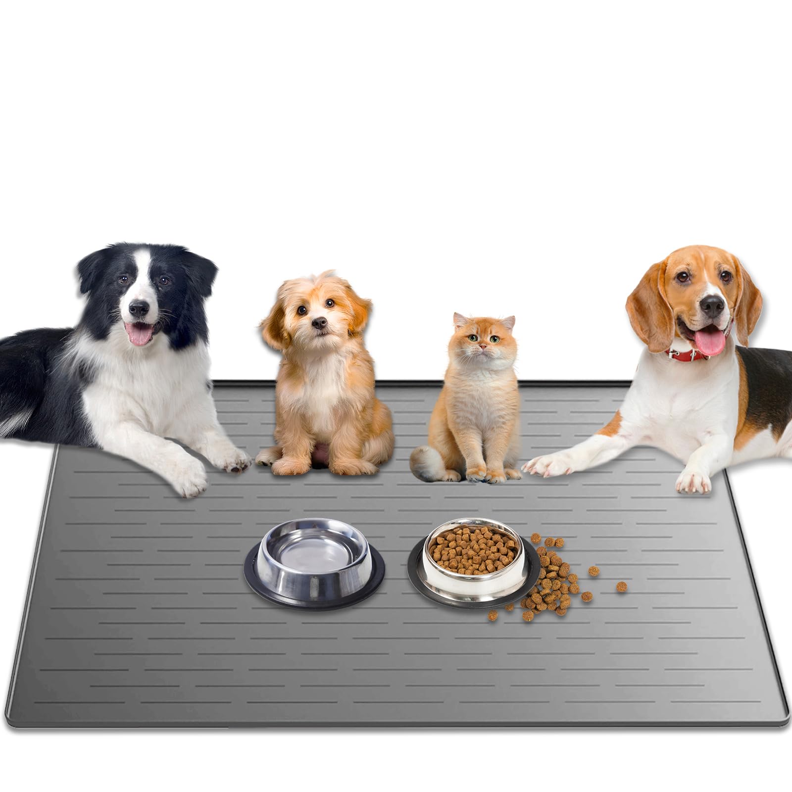 1.5MM Super Thick Dog Food Mat, 48"x32" Silicone Dog and Cat Mats for Food and Water Bowls, Waterproof Pet Feeding Mat for Contain Spills Protects Floors, Multiple Colors & Sizes for Pets, Light Gray