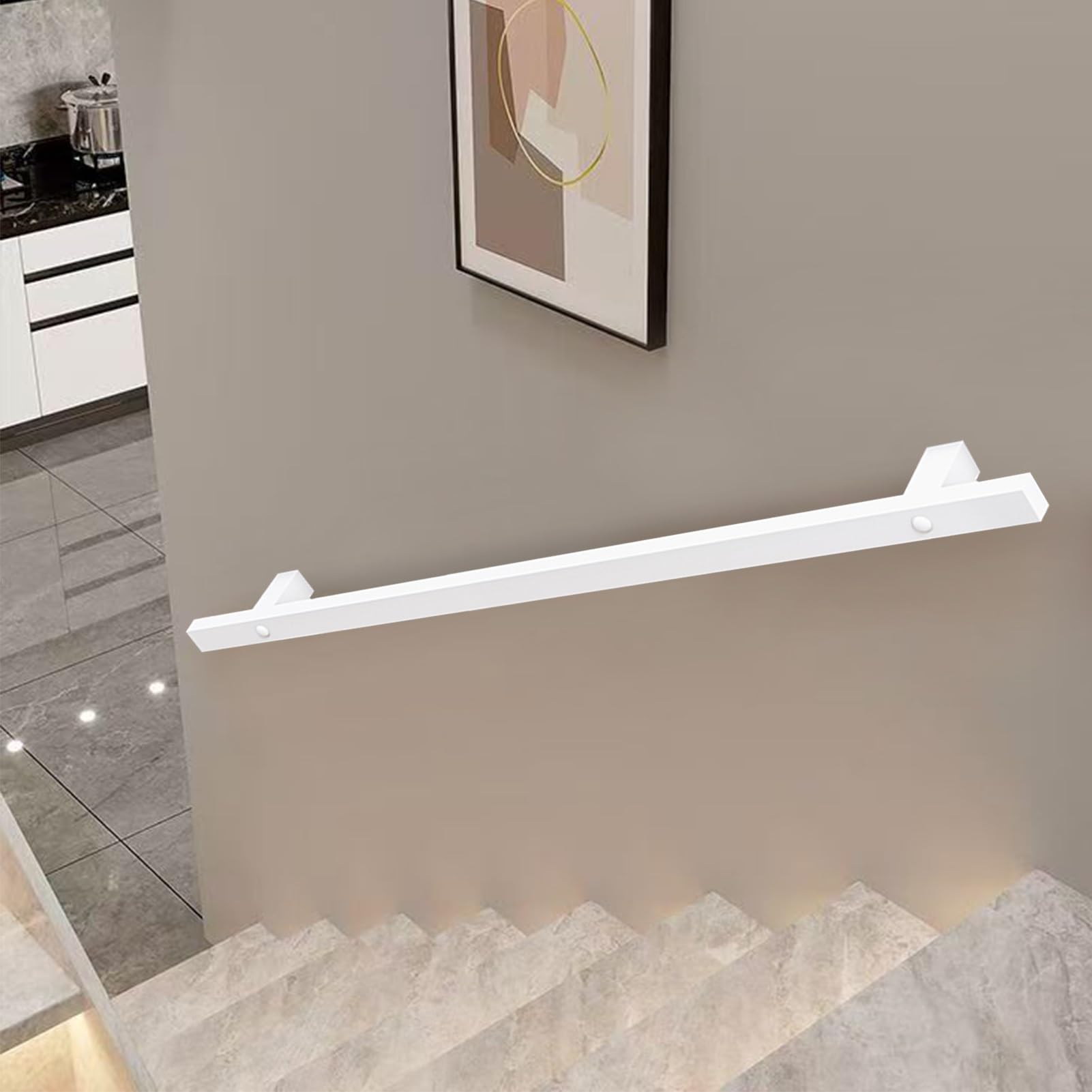 Lonmrrton Modern Staircase Handrail Banister White Metal Square Pipe Stair Railing for Indoor and Outdoor, 30cm-600cm Wall Balustrade Foot Rail Support Rod(8ft/240cm)
