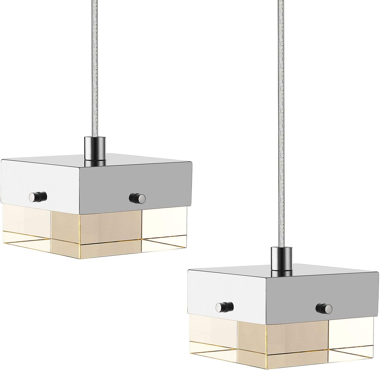 LMS Mini LED Crystal Pendant Light 2 Pack, Brushed Chrome Square Pendant Lighting, Adjustable Chain Hanging Light Fixture Max to 19.5”, 6W, 3000K Warm Light, LMS-017-2