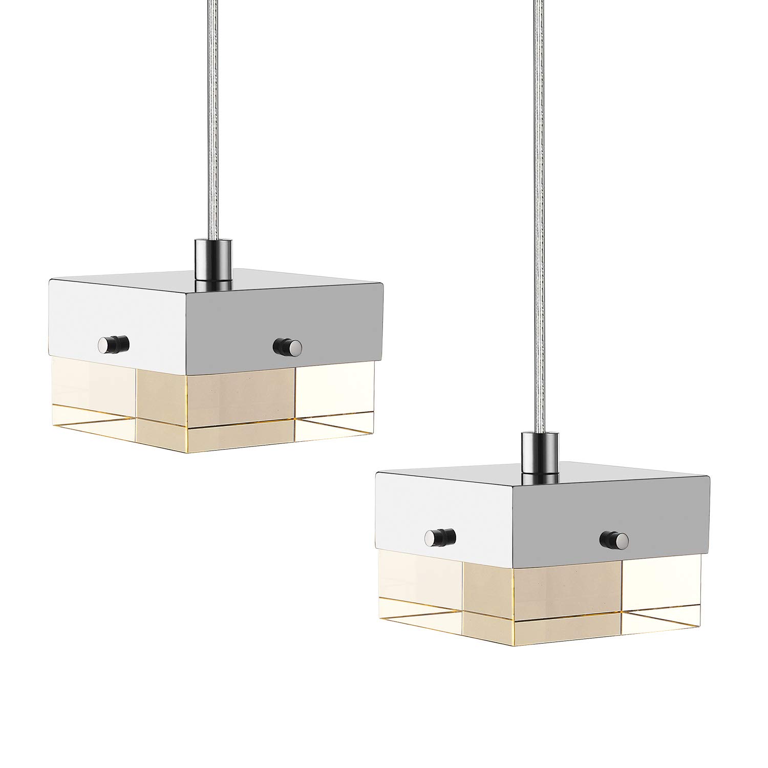 LMS Mini LED Crystal Pendant Light 2 Pack, Brushed Chrome Square Pendant Lighting, Adjustable Chain Hanging Light Fixture Max to 19.5”, 6W, 3000K Warm Light, LMS-017-2