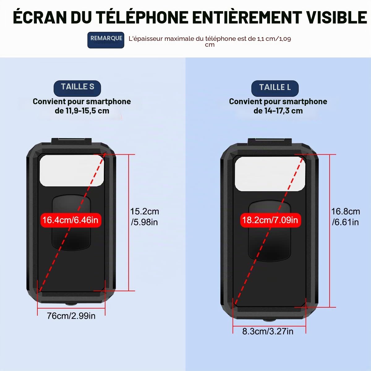 REETEE Support Telephone Velo Moto Etanche, Universel Ecran Tactile Support Smartphone Vélo 360°Rotation Anti-Vibrations Support Guidon Housse de Téléphone pour 4,7-6,8 Pouces Smartphones (Noir,L)
