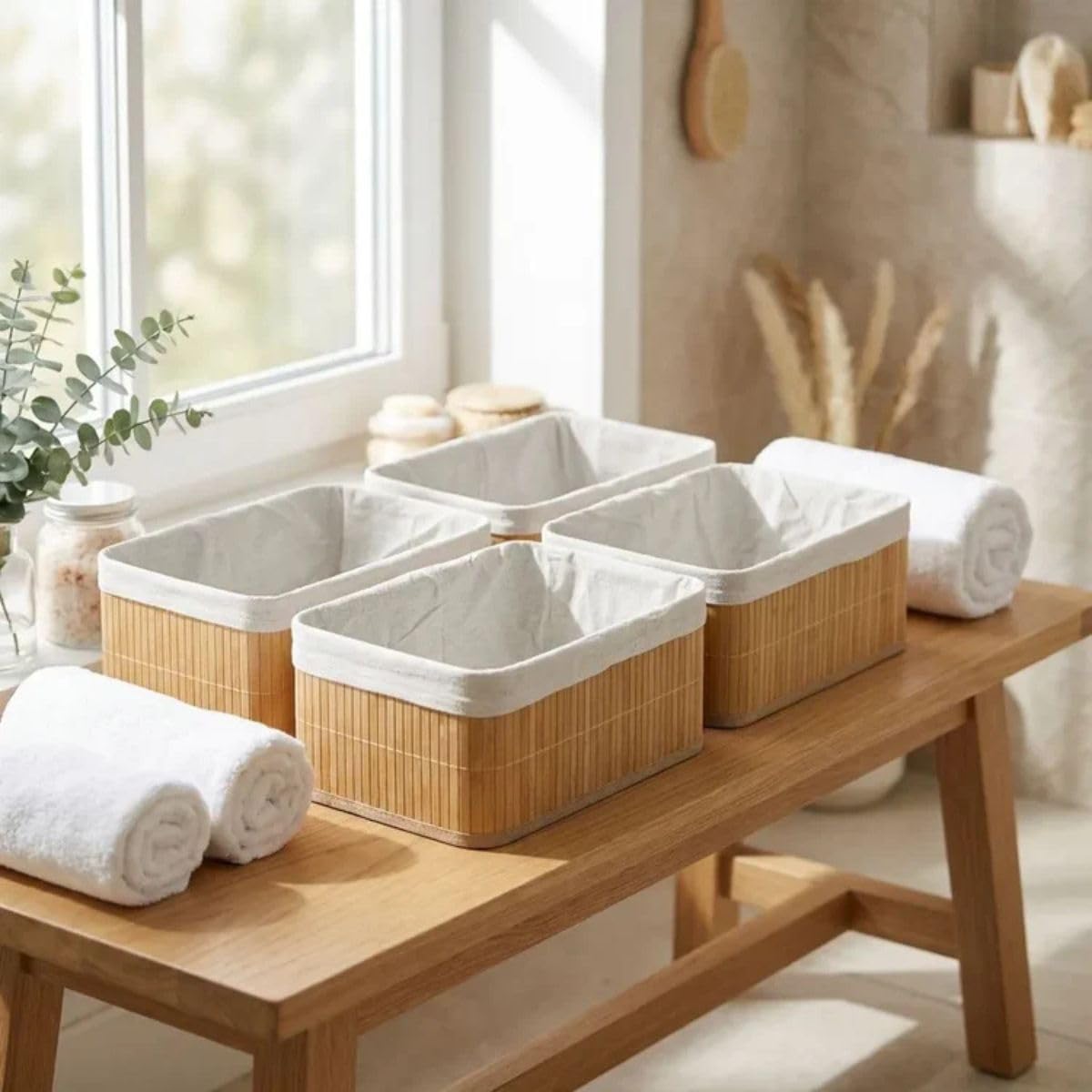 Bamboostan Bamboo Storage Basket Set of 4 | Rectangle | One Size | Organizer Baskets | Home Storage | Multipurpose Organizer