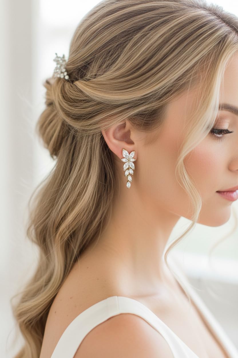 Gold Zirkonia Ohrringe Blatt Ohrstecker Brautschmuck Hochzeit Geschenk Damen Vintage Glitzer Schmuck