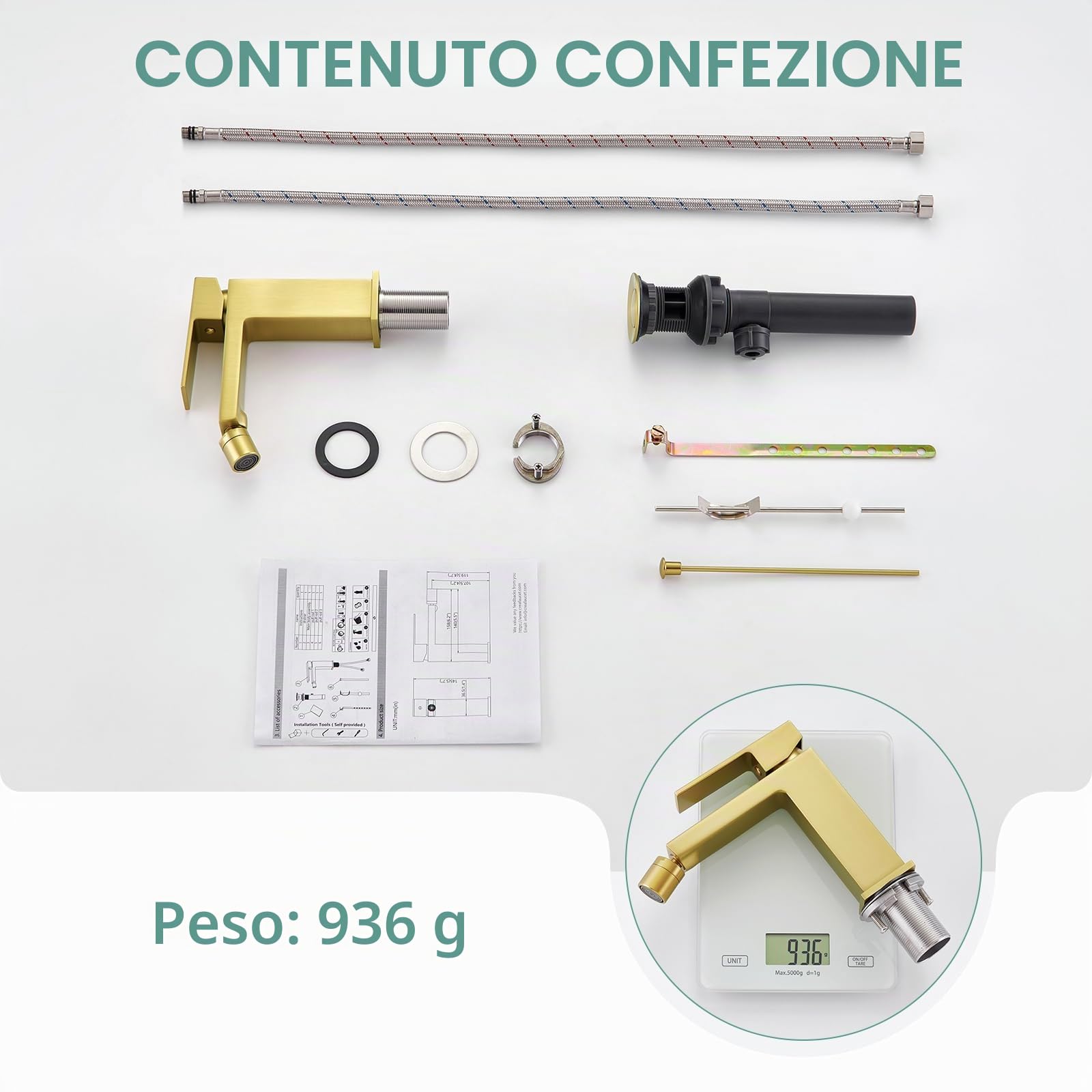 Faustina Rubinetto per Bidet WC con Tirante, Miscelatore Monoelmo Bidet in acciaio inox regolabile con giunto sferico Ottone, Spazzolato Oro