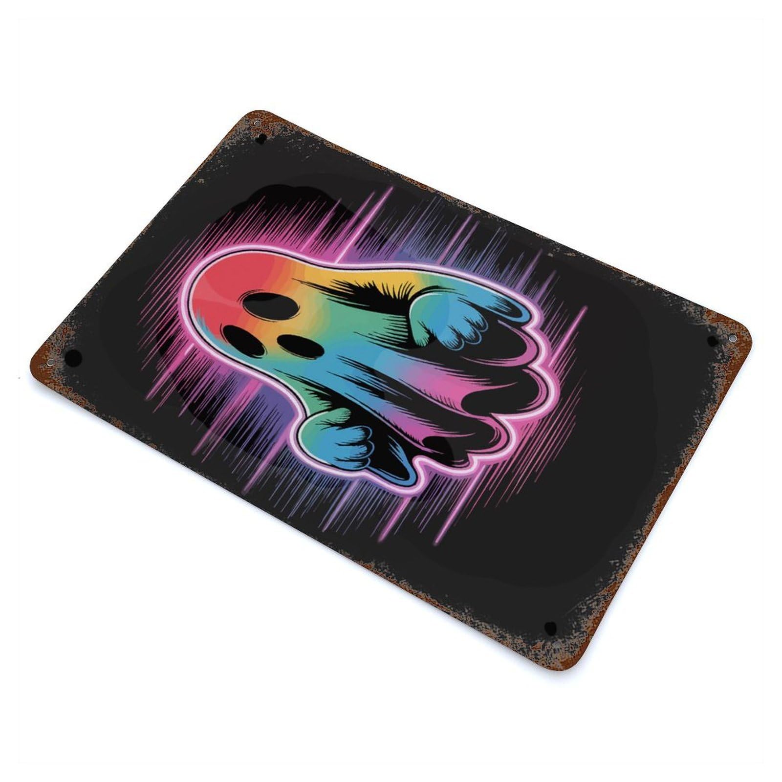 Rainbow Ghost with Neon Aura Weathered Tin Sign 11.8"x7.9", for Patio, Garden Room And Bar Decor, Farmhouse Wall Decor