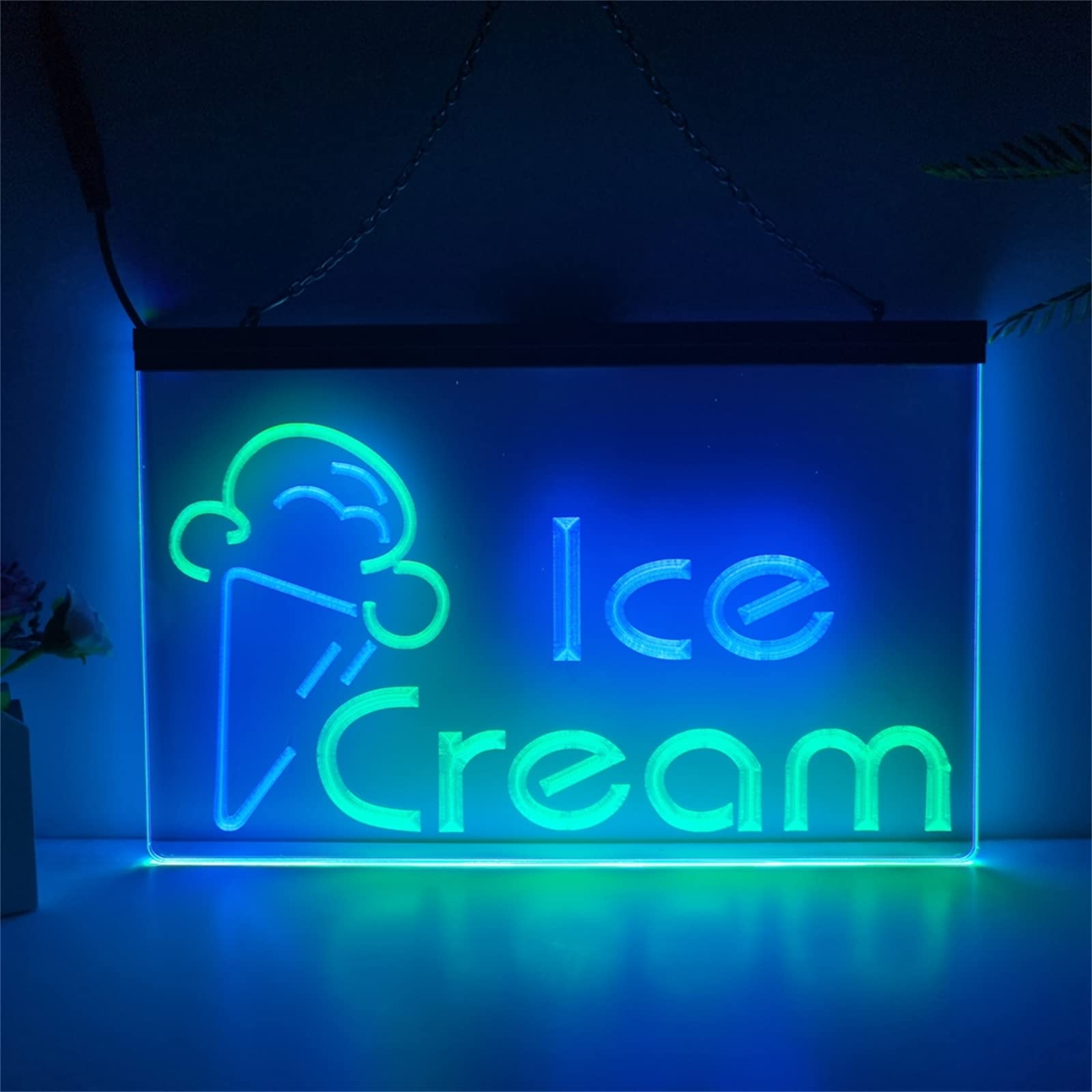 REWIS Ice Cream LED Neon Signs, USB Powerd 3-Level Dimming Neon Lights, for Ice Cream Shop Hanging Signboard,Green Blue,30x20cm