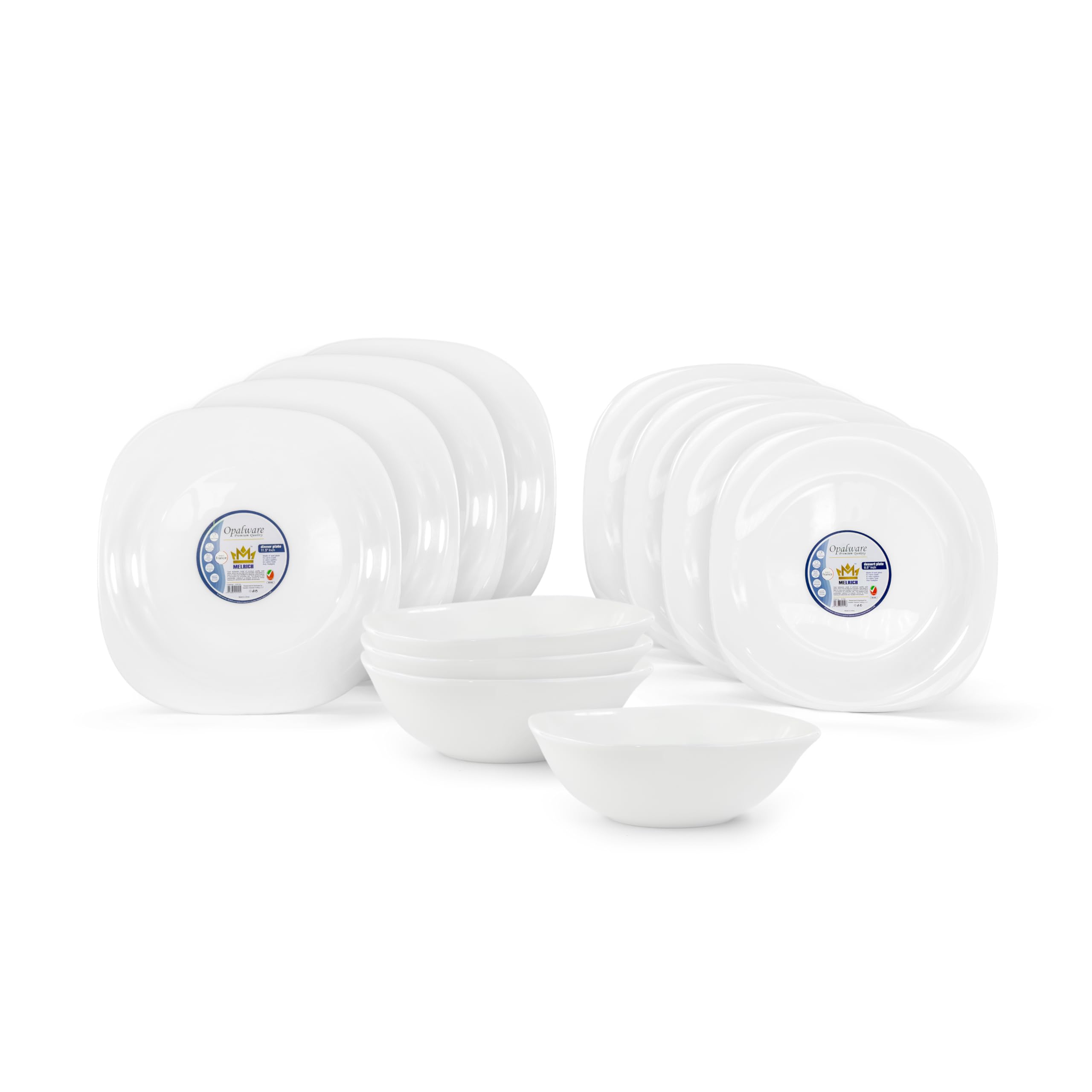 Melrich 12 Peice Opal ware Dinner set Dishwahser Safe Microwave safe Dinner plate Dessert Plate Bowls BPA Free Easy to Clean
