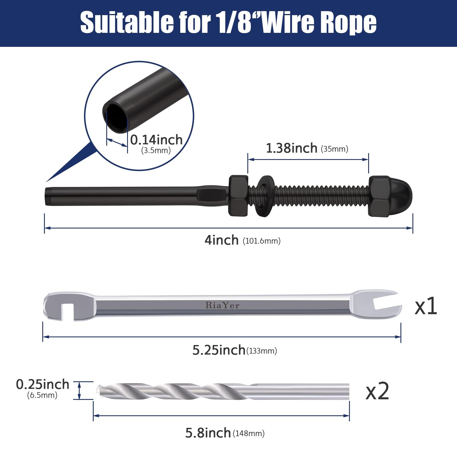 RiaYer 20 Pack T316 Stainless Steel Black Cable Railing Kit, 1/8 