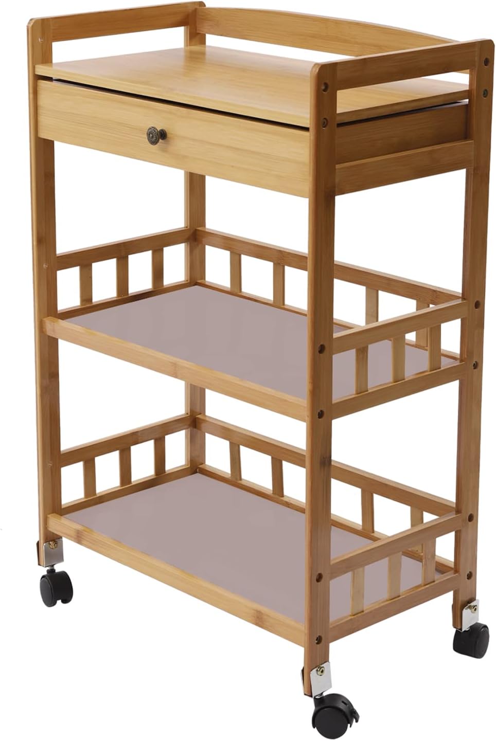Portable Kitchen Island on Wheels, 3-Tier Bamboo Rolling Kitchen Utility Cart with Drawer, Microwave Cart, Food Serving Cart, Coffee Station