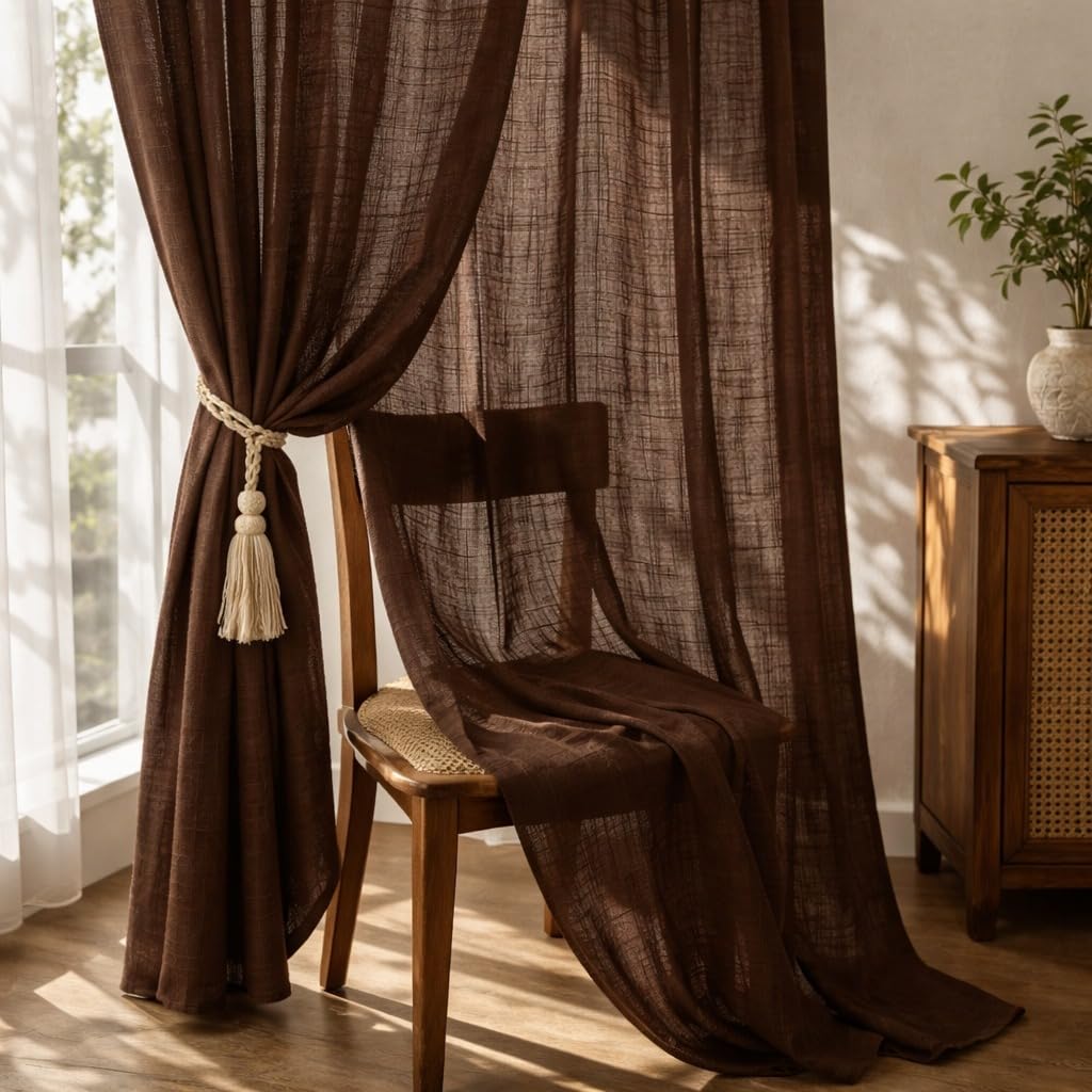 THE LINEN COMPANY Sheer Curtains for Living Room & Bedroom, Voile Window Curtains with Rod Pocket, Farmhouse Style Light Filtering Curtain Panels, Brown, 10 Feet, Pack of 1