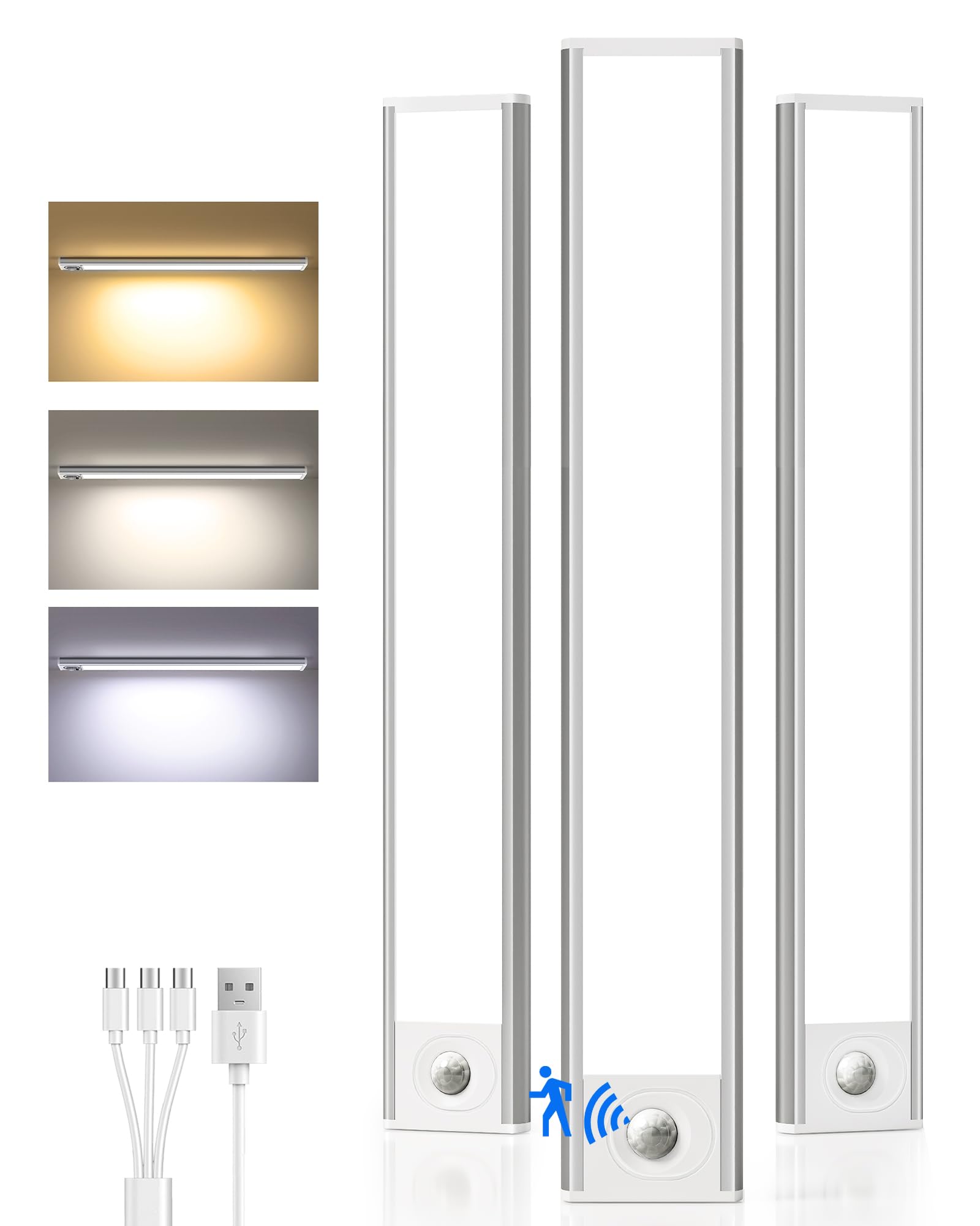 Illuminazione sotto armadio wireless, batteria ricaricabile con sensore di movimento, luci LED per armadio, ricarica USB, 3 colori dimmerabili sotto armadietti, luci per cucina, armadio, armadio (3