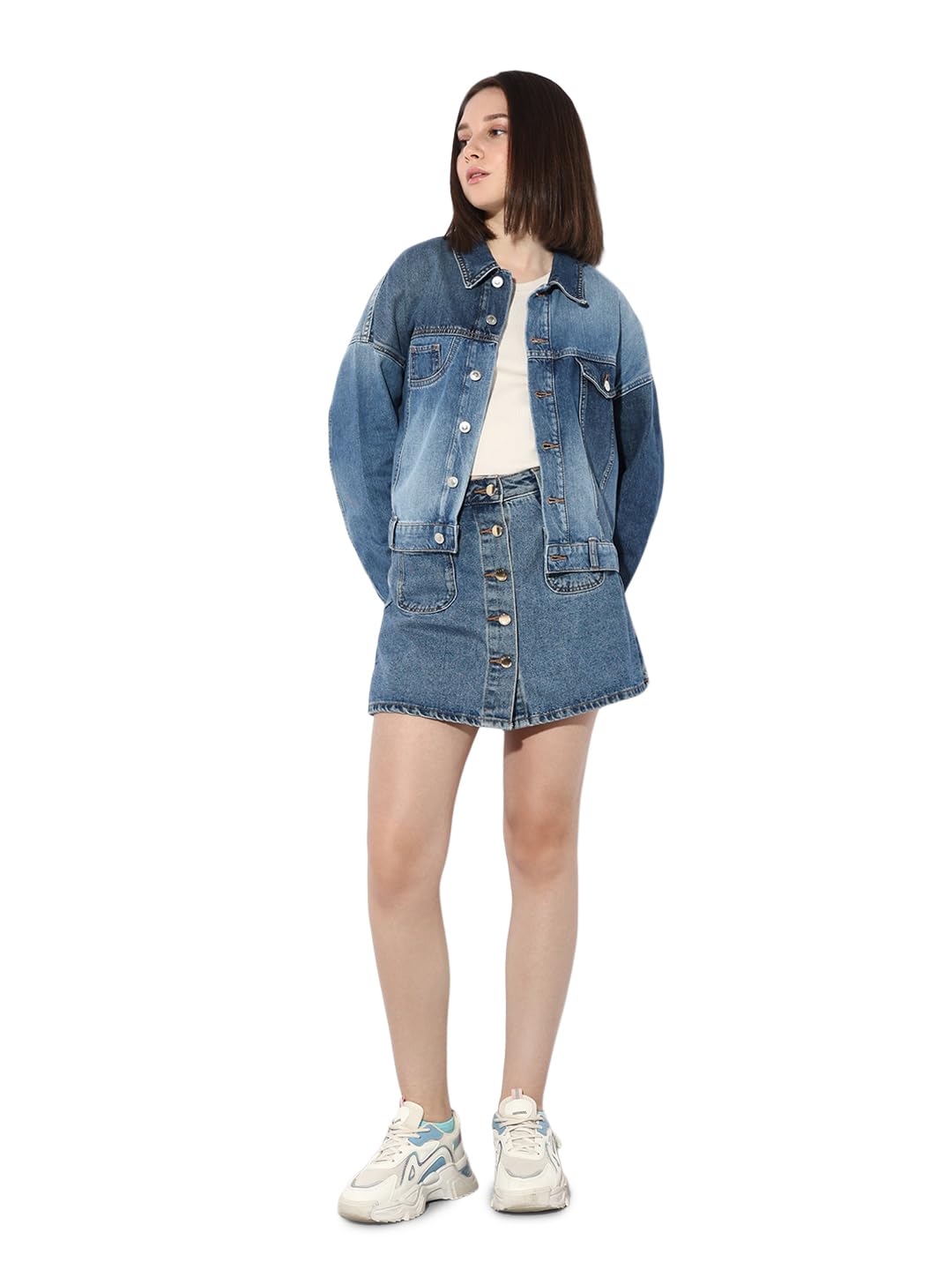 Women Spread Collar Washed Self Design Cotton Casual Denim Jacket-image-36